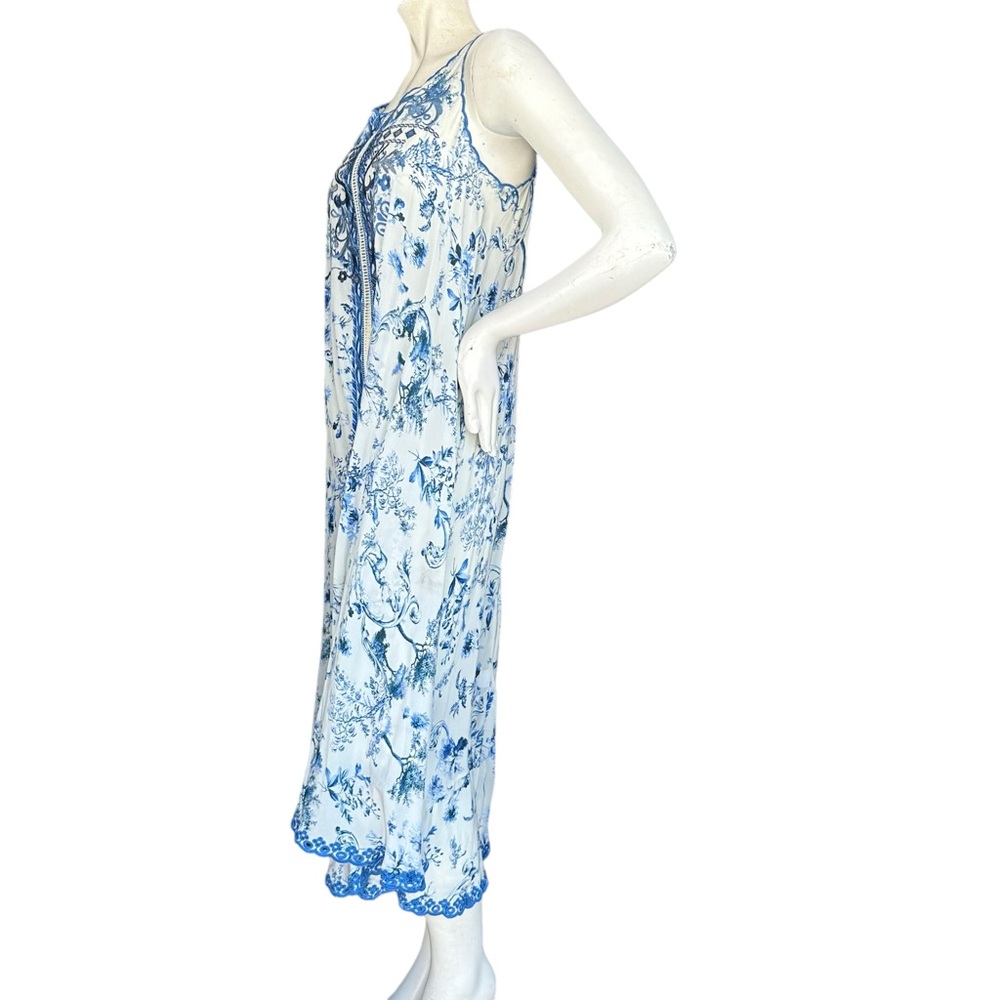 Johnny Was "Avalon Slip Dress" Blue & White Floral 100% Silk MIDI Dress XXS - Picture 11 of 14